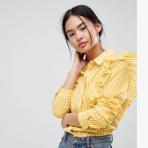 ASOS Noisy May Yellow White Stripe Ruffle Blouse Button Down Cotton Top XSmall